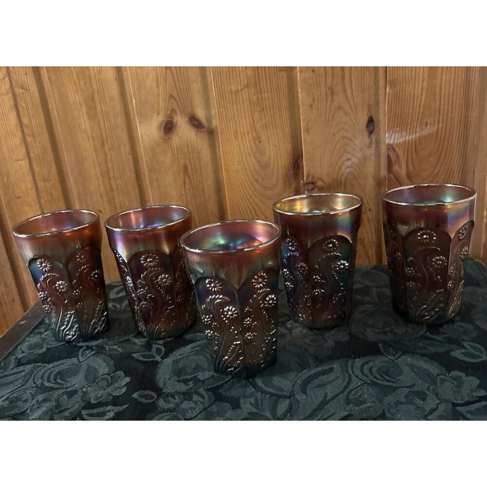 Antique Fenton Paneled Dandelion Carnival Glass Tumblers Amethyst Purple Set 5
